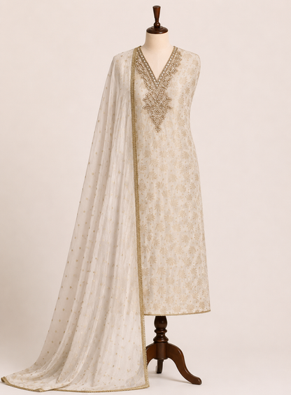 Milk Moon Shimmer Jacquard Banarasi Silk Suit with Chiffon Boota Dupatta