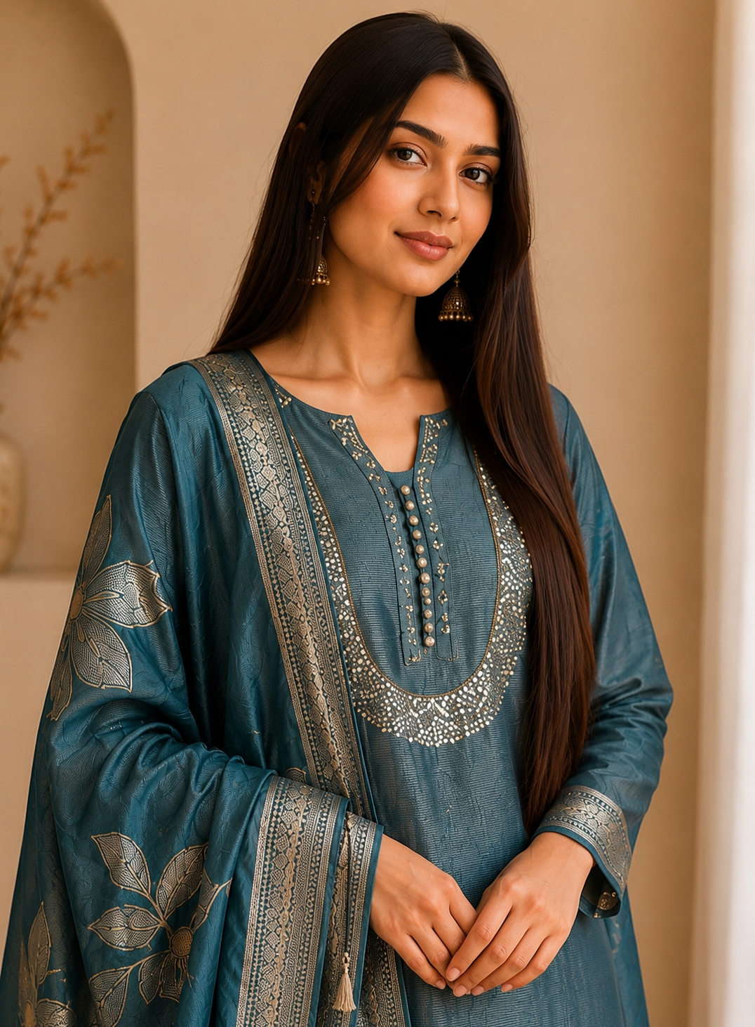 U-Neck Shimmer Silk Suit with Handwork & Floral Dola Silk Dupatta