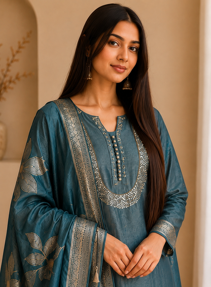 U-Neck Shimmer Silk Suit with Handwork & Floral Dola Silk Dupatta
