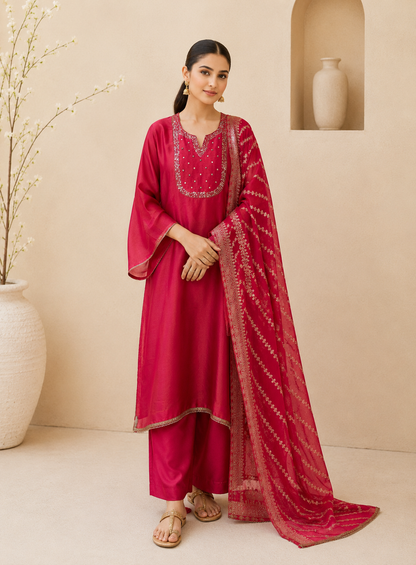 Shimmer Crepe Suit with Handcrafted Neck & Elegant Tissue Dupatta”