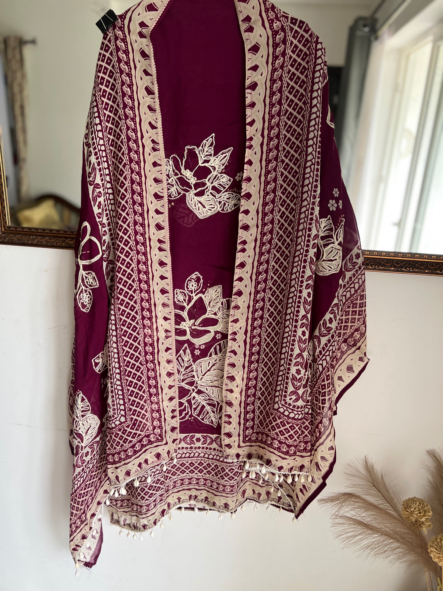 Magenta Muse: Pakistani Semi-Stitched Suit with Seashell Detailing