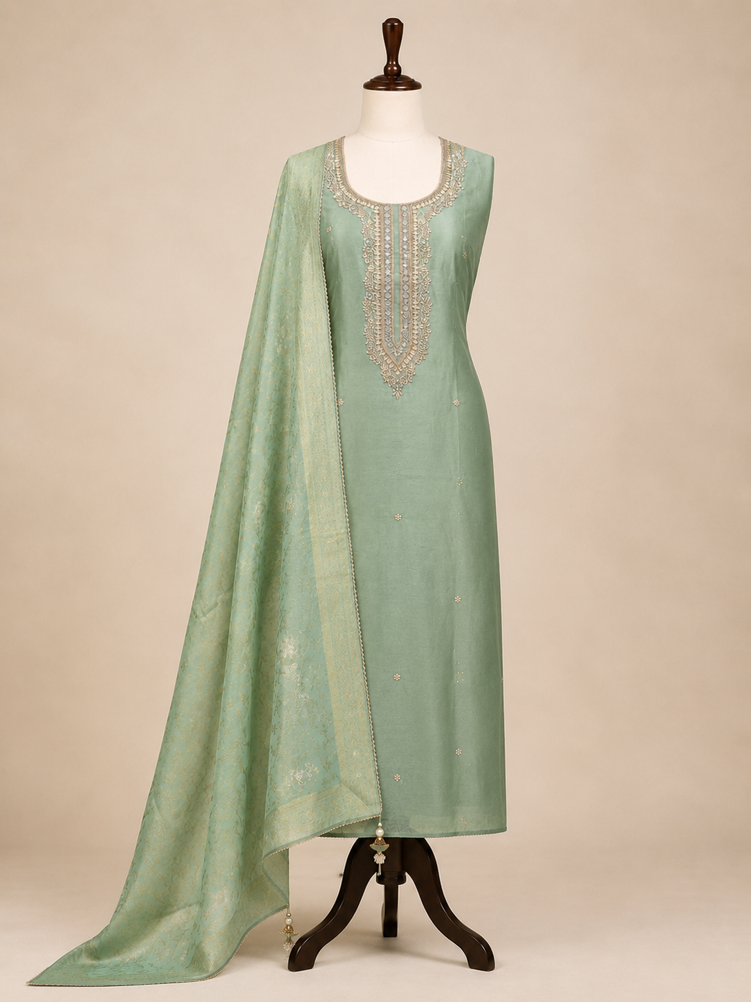 Sage Green Chanderi Suit Set Potli Edition