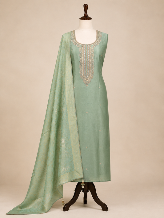 Sage Green Chanderi Suit Set Potli Edition