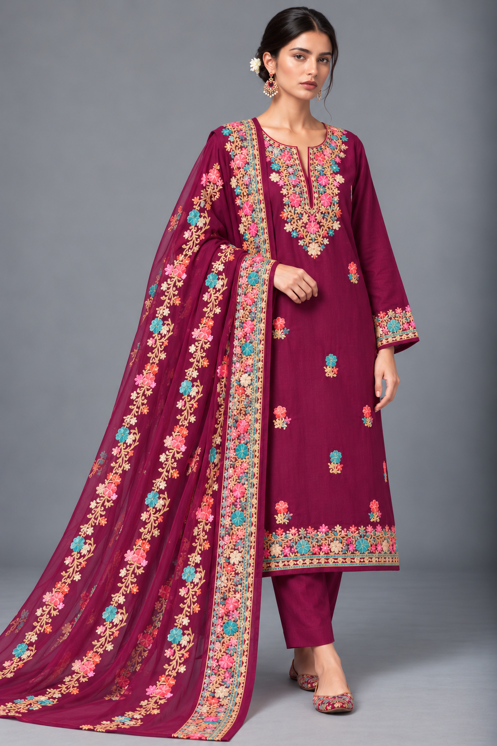 Wine Plum Timeless Kashmiri Unstitched Salwar Suit