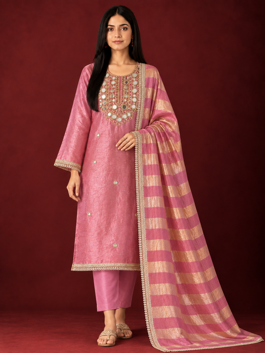 Crushed Shimmer Silk Mirror Work Suit Set