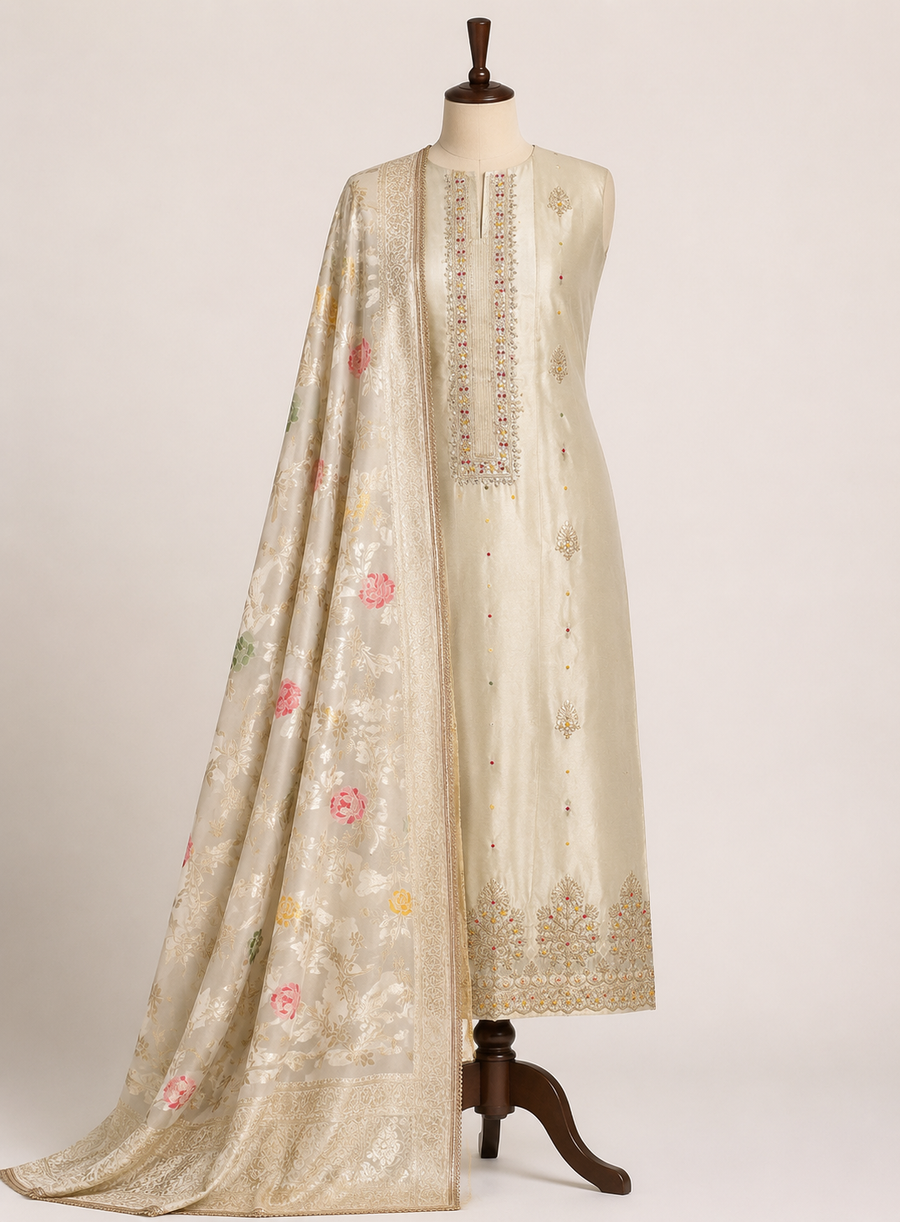 Graceful Shimmer Silk Suit with Handcrafted Elegance