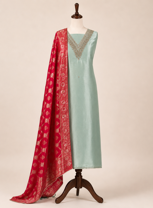 Elegant Pastel V-Neck Suit with Intricate Mirror Embellishment