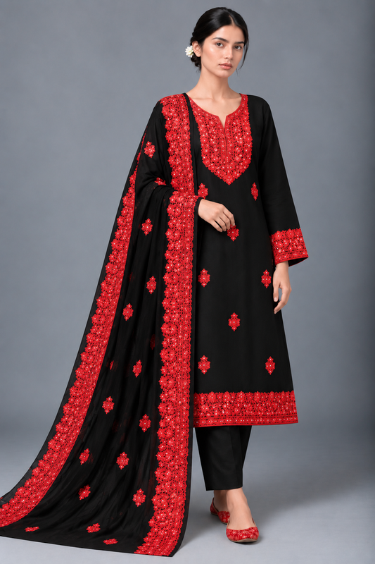 Classic Black Modal Cotton Kashmiri Suit Set with Red Chiffon Heavy Embroidered Dupatta