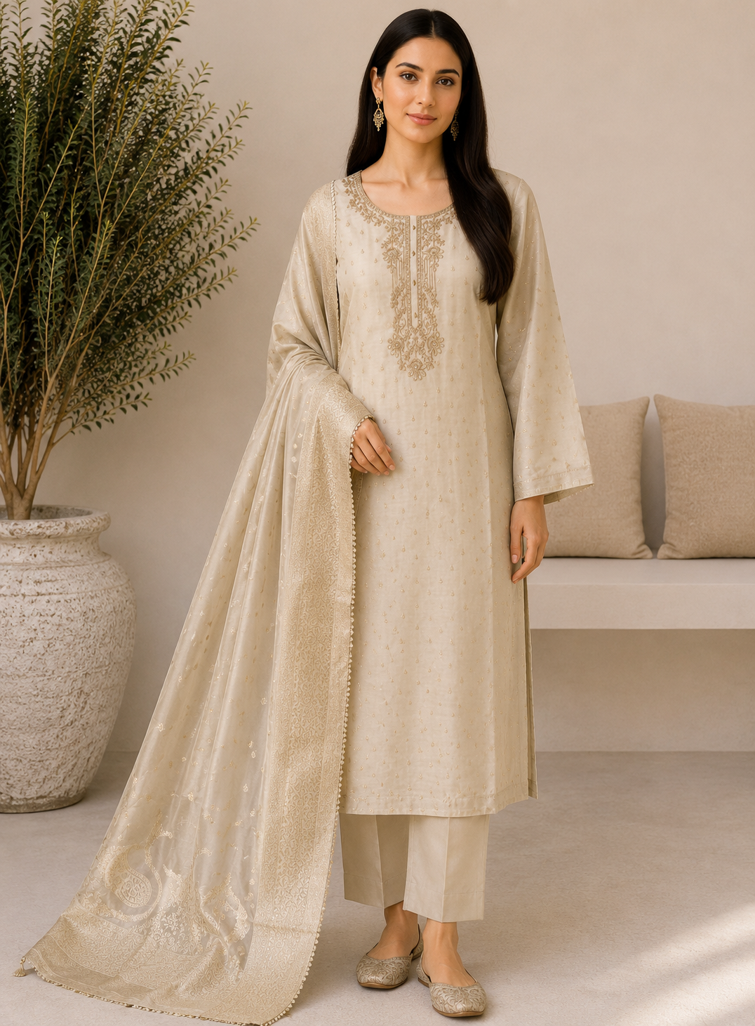 Stunning Ivory Shimmer Silk Unstitched Suit