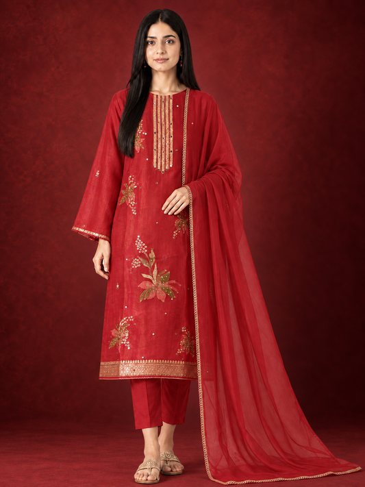 Exquisite Shimmer Jacquard Banarasi Floral Embroidered Suit Set