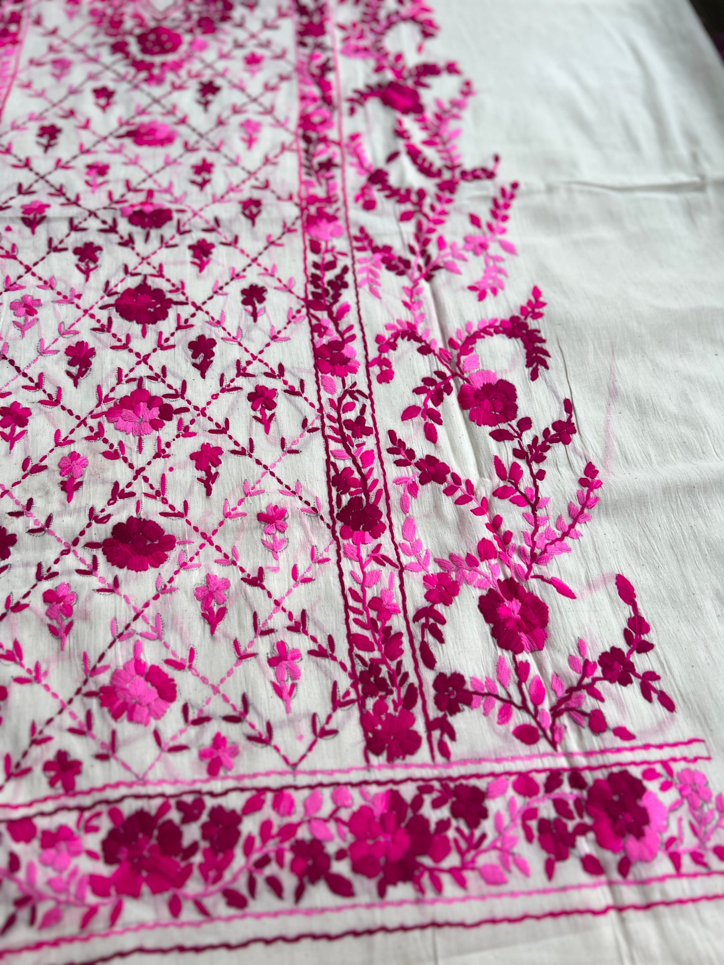 Ivory & Fuchsia Pure Cotton Hand-Embroidered Unstitched Dress