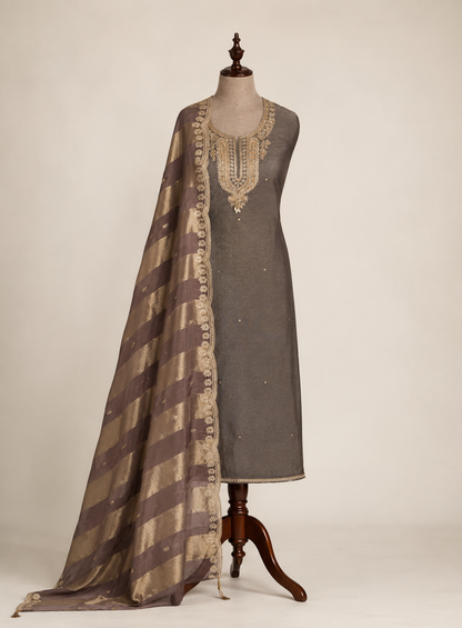 Pastel Elegance Crushed Shimmer Suit with Intricate Hand Embroidery & Silk Dupatta