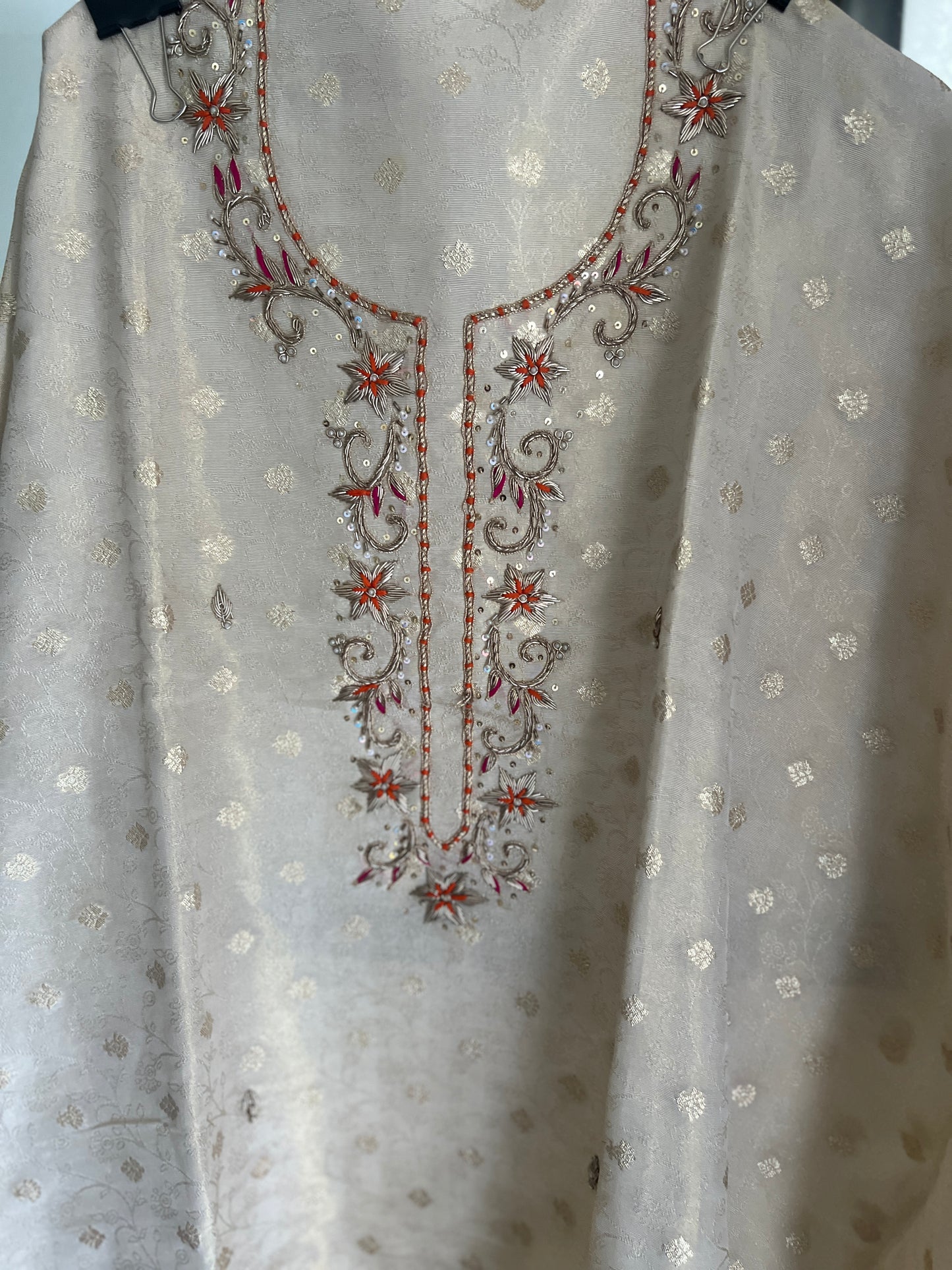 Premium Ivory Shimmer Silk Handwork Suit