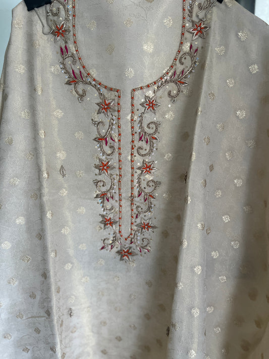Premium Ivory Shimmer Silk Handwork Suit