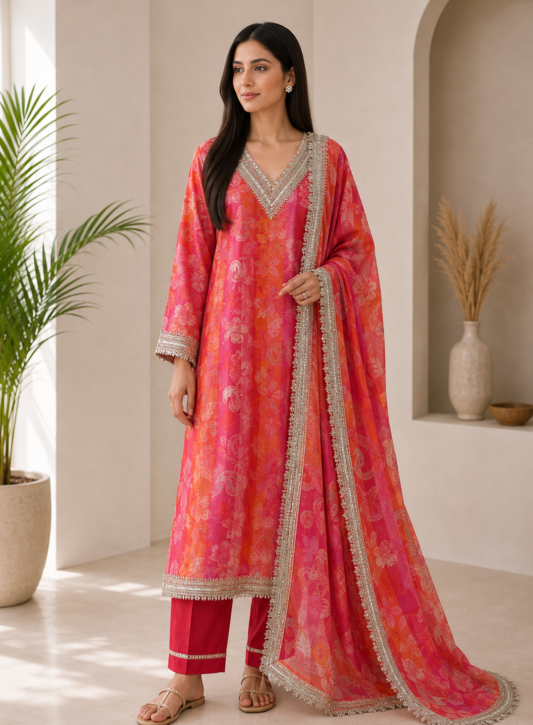 Sunset Blush Semi-Stitched Set with Stunning Lace Detailing