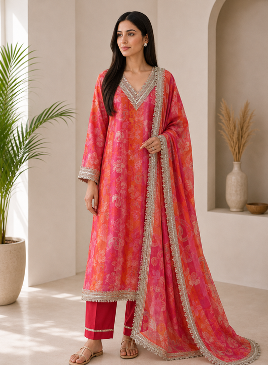 Sunset Blush Semi-Stitched Set with Stunning Lace Detailing