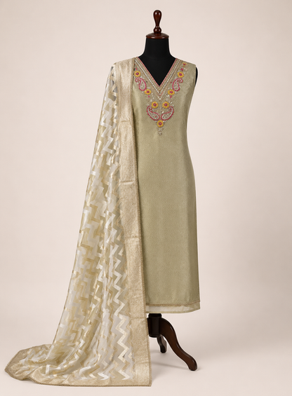 Olive Charm: Tissue Elegance with Banarasi Grace