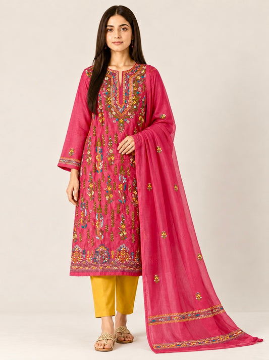 Blush Pink Chanderi Silk Floral Hand Embroidery Set