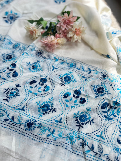 Ivory & Midnight Blue Hand Embroidered Cotton Suit Set