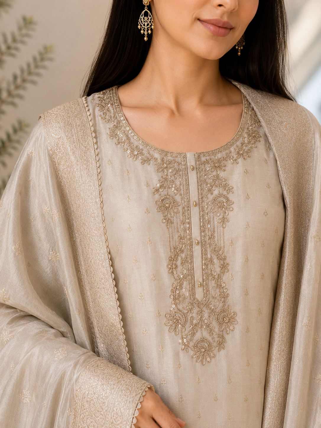 Stunning Ivory Shimmer Silk Unstitched Suit