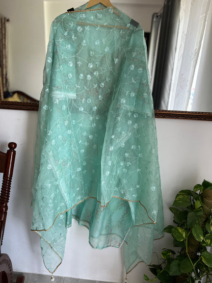 Ethereal Soft Organza Handcrafted Ensemble in Pista Green