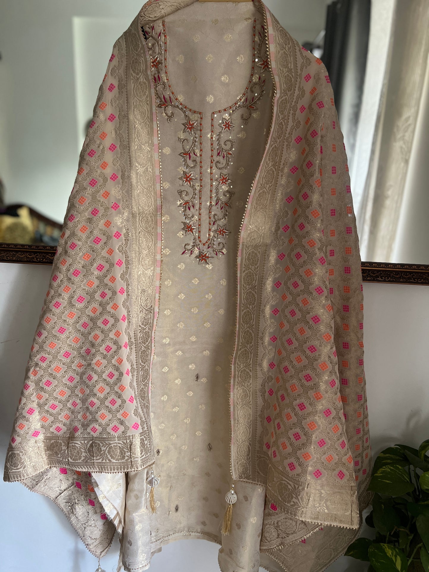 Premium Ivory Shimmer Silk Handwork Suit