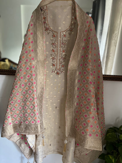 Premium Ivory Shimmer Silk Handwork Suit