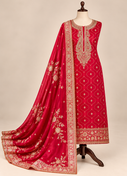 Royal red Moonga silk unstitched suit with zardozi handwork and Banarasi weaving – The Syma Closet