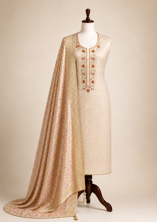 Premium Ivory Shimmer Silk Handwork Suit