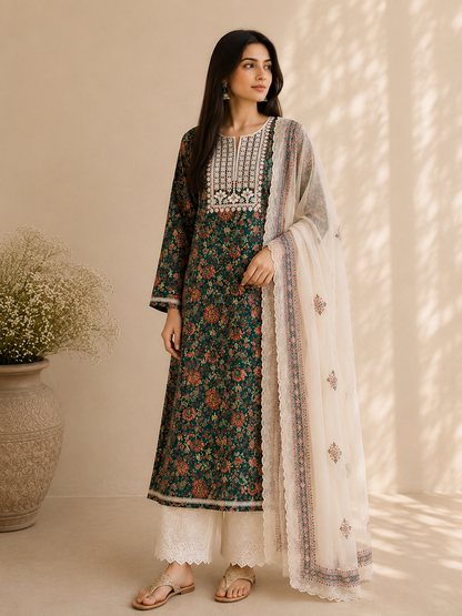 Embroidered Handblock Cotton Suit Set