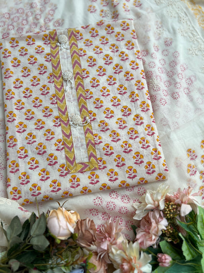 Elegant Cream Floral Suit Set With subs tel Embroidery