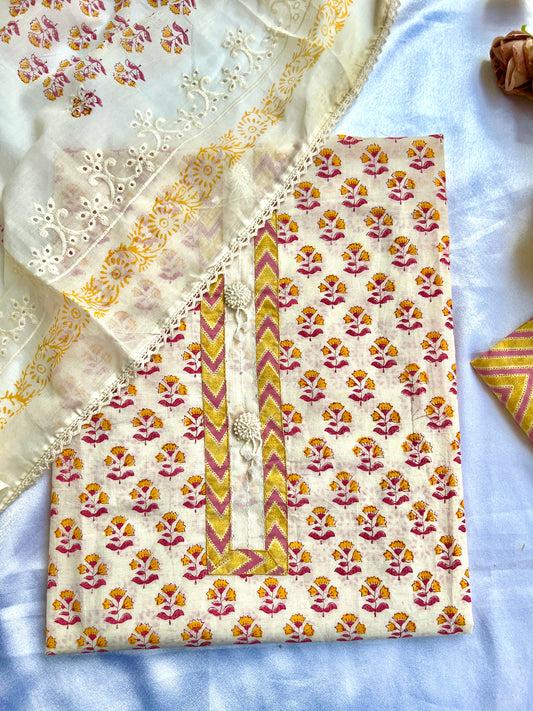 Elegant Cream Floral Suit Set With subs tel Embroidery