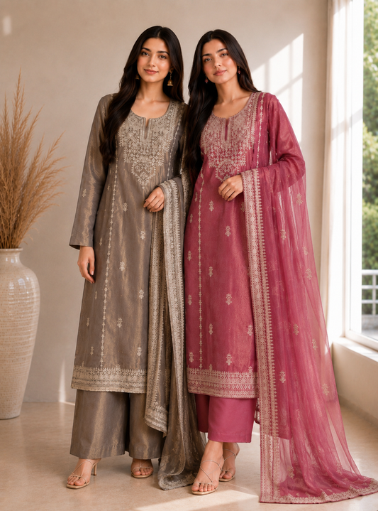 Luxe Shimmer Silk with Lace & Embroidered Detailing