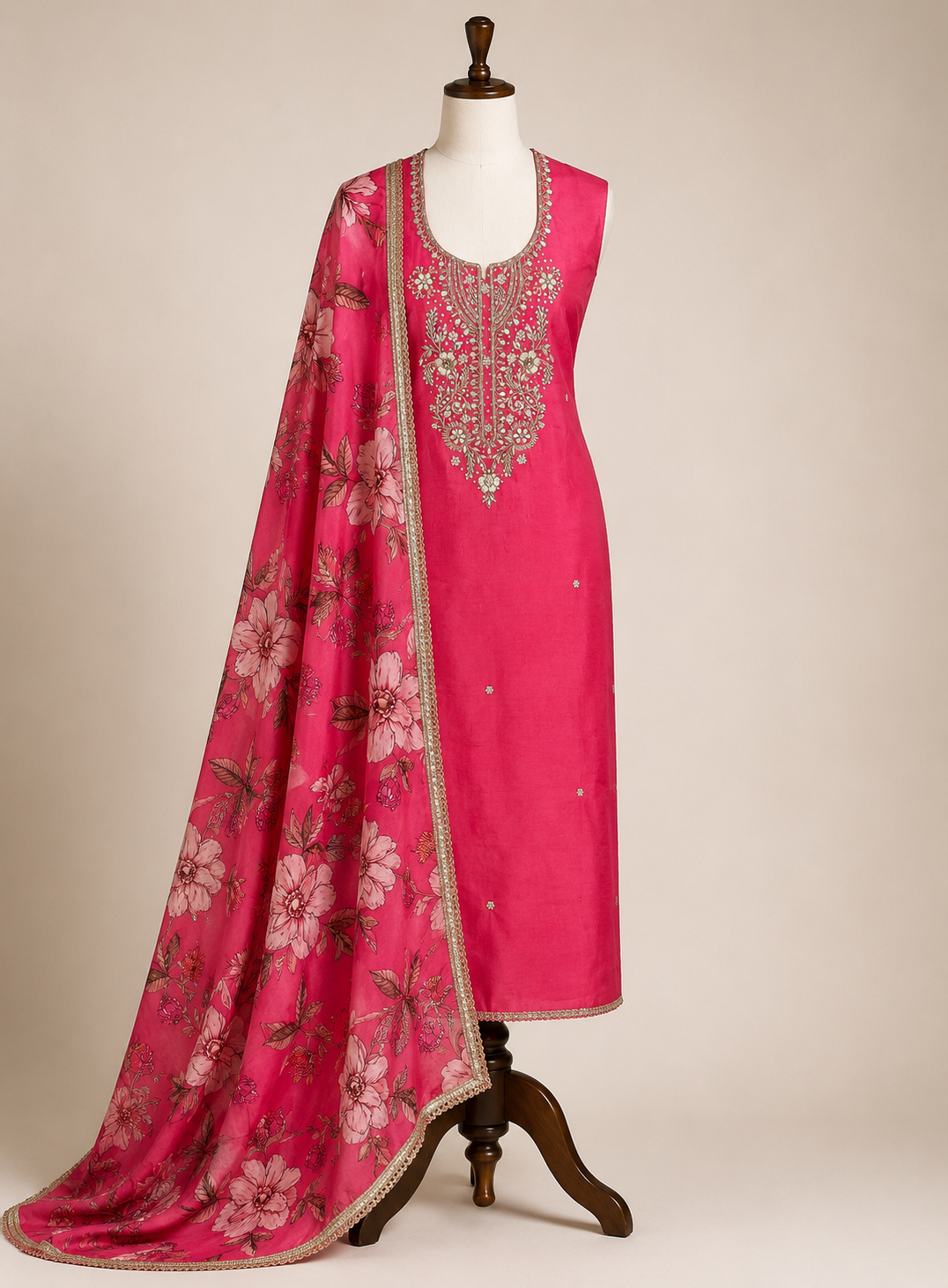 Radiant Pink Silk Elegance with Handcrafted Embroidery