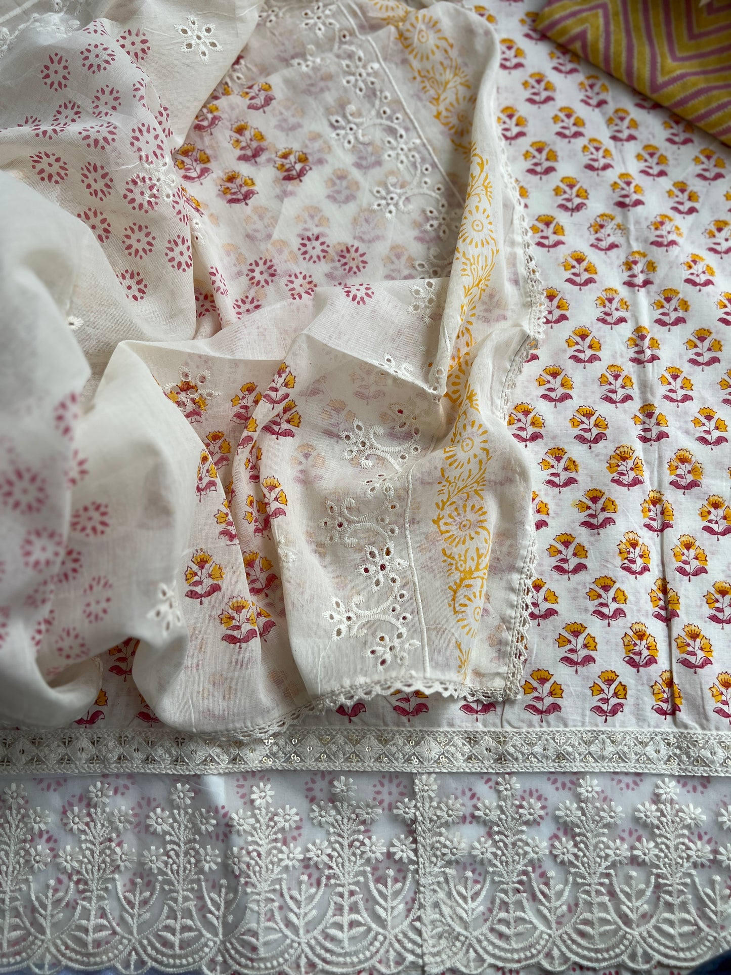 Elegant Cream Floral Suit Set With subs tel Embroidery