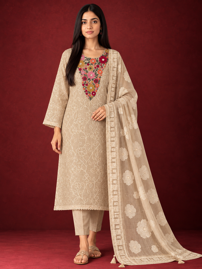 Floral Embroidered Linen Jamdani Suit Set