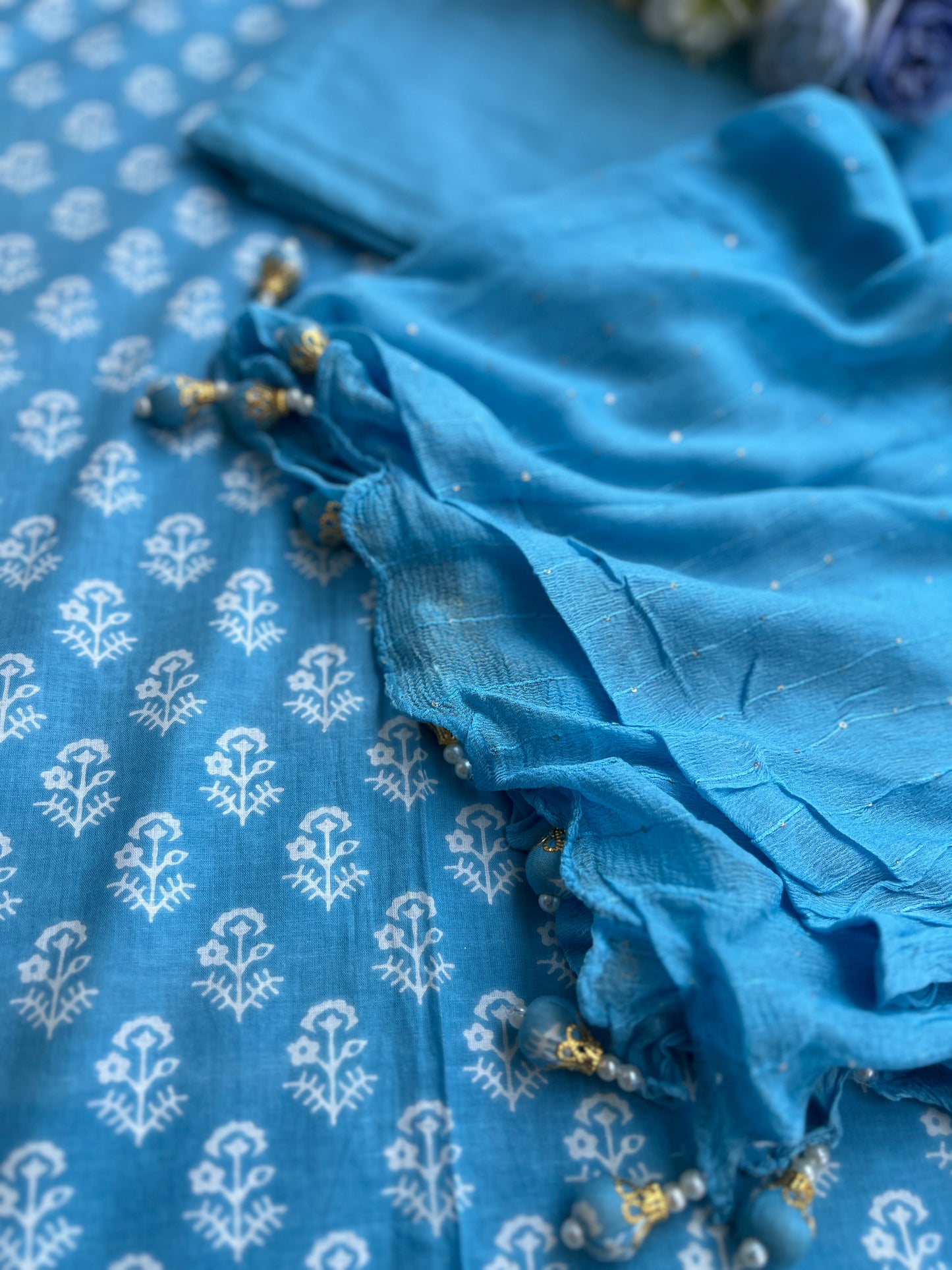 Sky Blue Cotton Suit with Delicate Hand Embroidery & Tassel Dupatta
