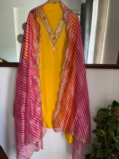 Exquisite V-Neck Butter Crepe Suit with Handcrafted Elegance