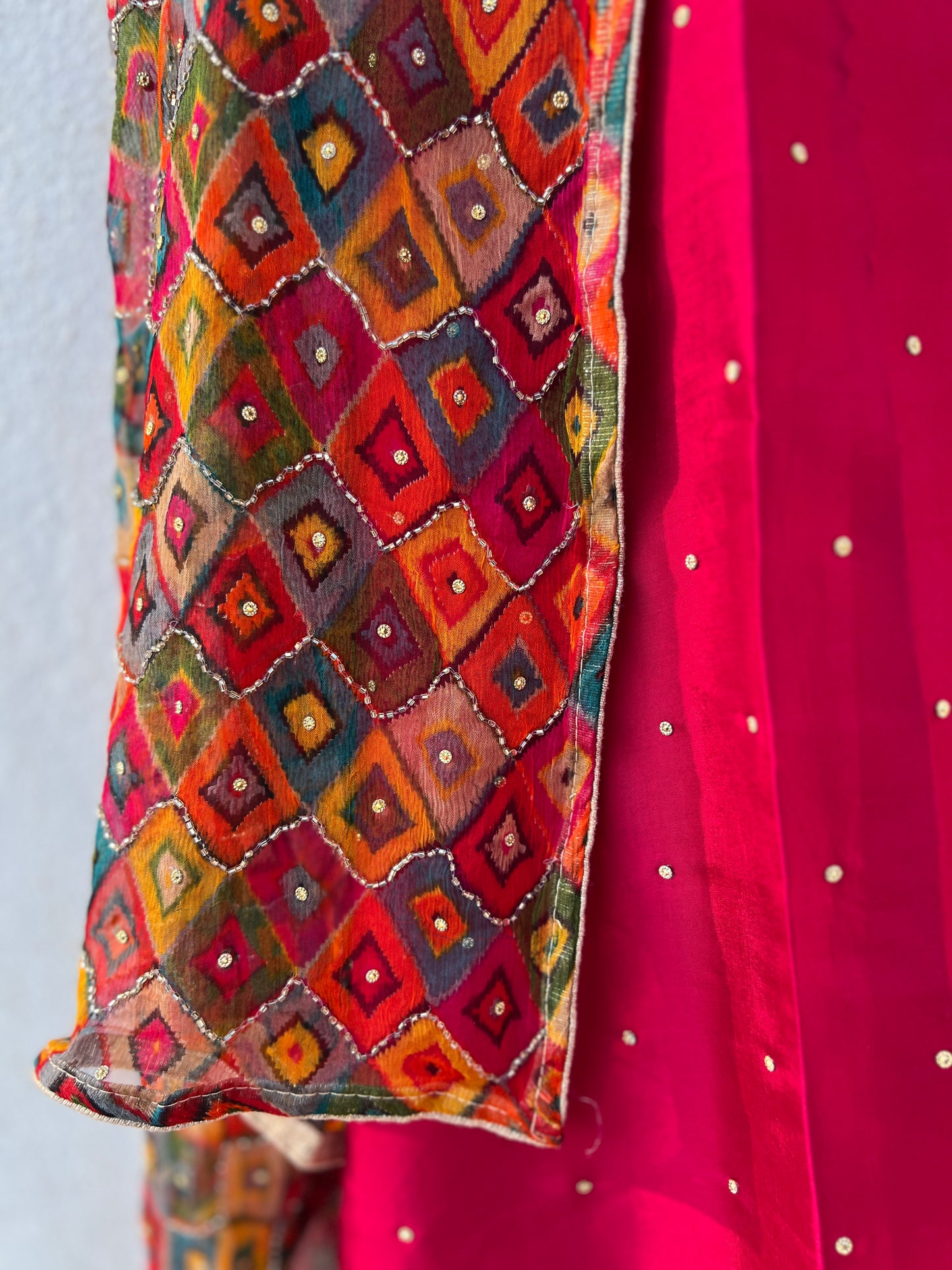 Fuchsia Silk Ensemble with Intricate Hand Embroidery & Chiffon Nanki Dupatta