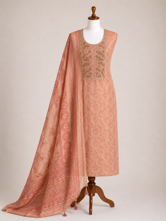 Pastel Elegance in Maheshwari Silk with Handcrafted Neck Detailing