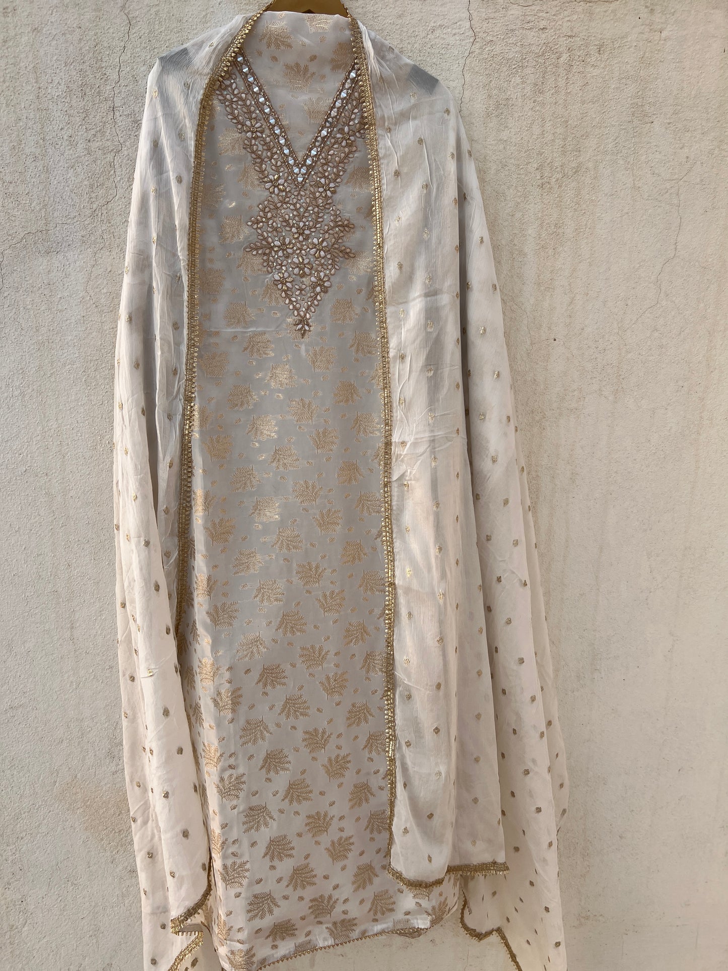 Milk Moon Shimmer Jacquard Banarasi Silk Suit with Chiffon Boota Dupatta