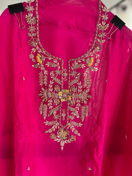Fuchsia Russian Crepe Suit with Intricate Hand Embroidery & Georgette Banarasi Dupatta
