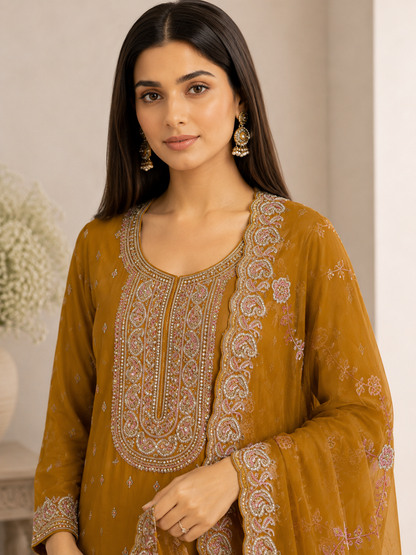 Elegant Chinnon Suit with Embroidered Neck & Daman