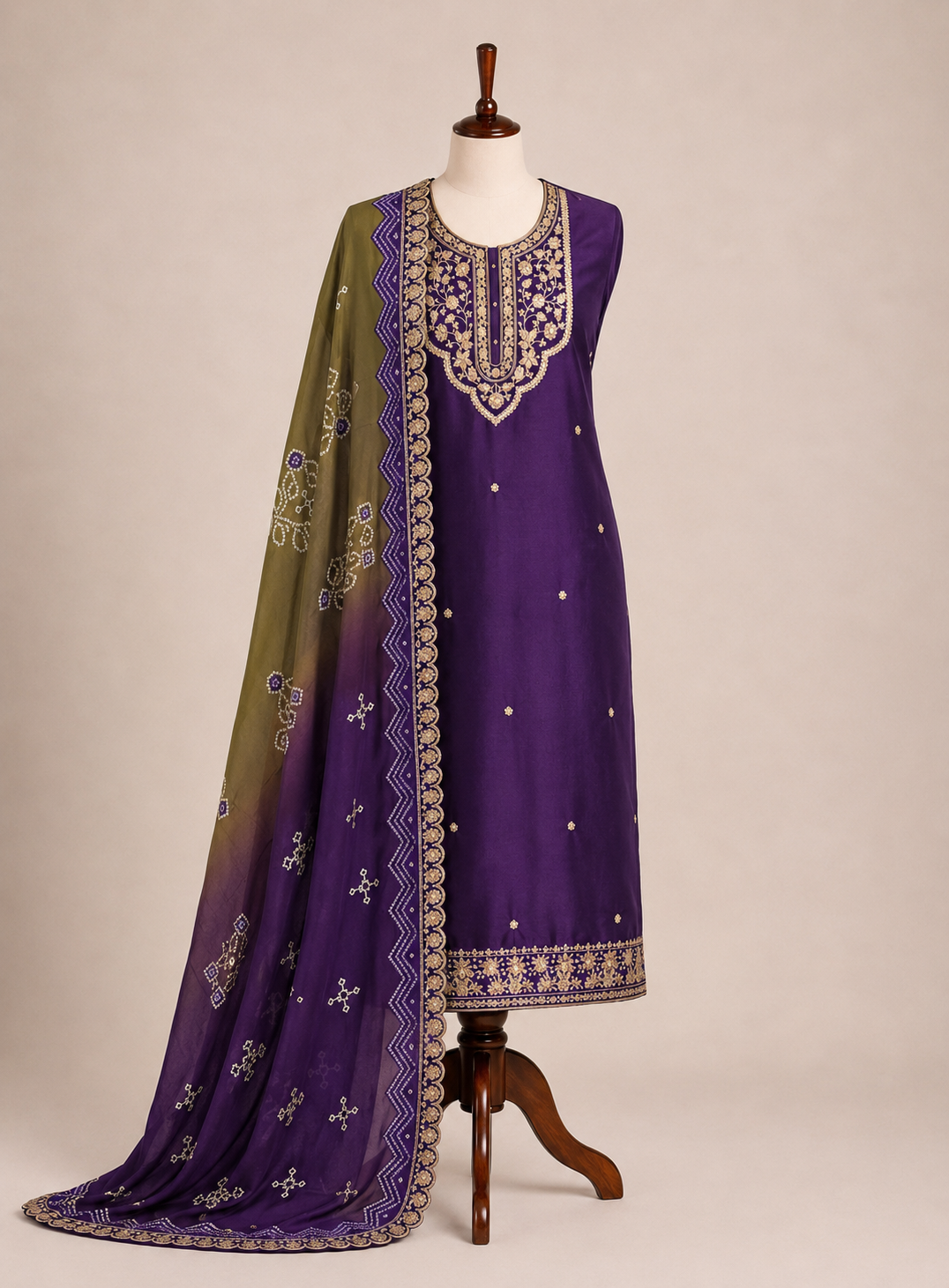 Dori work  Russian Silk suit with Bandhani print Dupatta