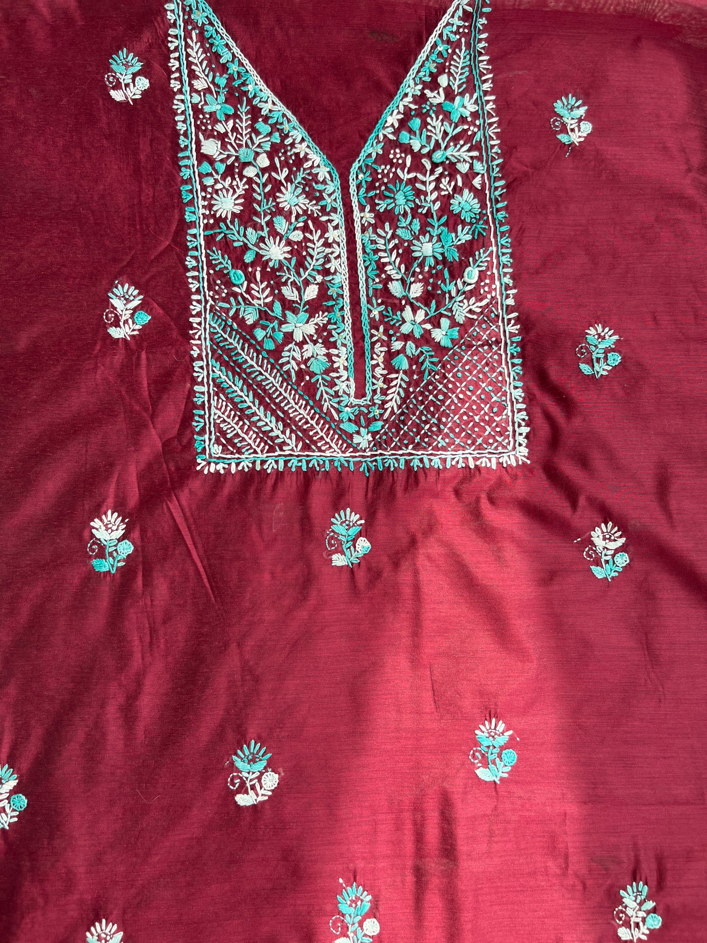 Wine Hand-Embroidered Chanderi Silk
