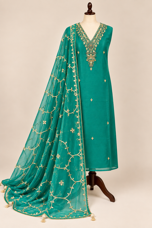 Regal Sea Green Suit in Russian Silk with Hand Embroidery & Gota Jaal Dupatta