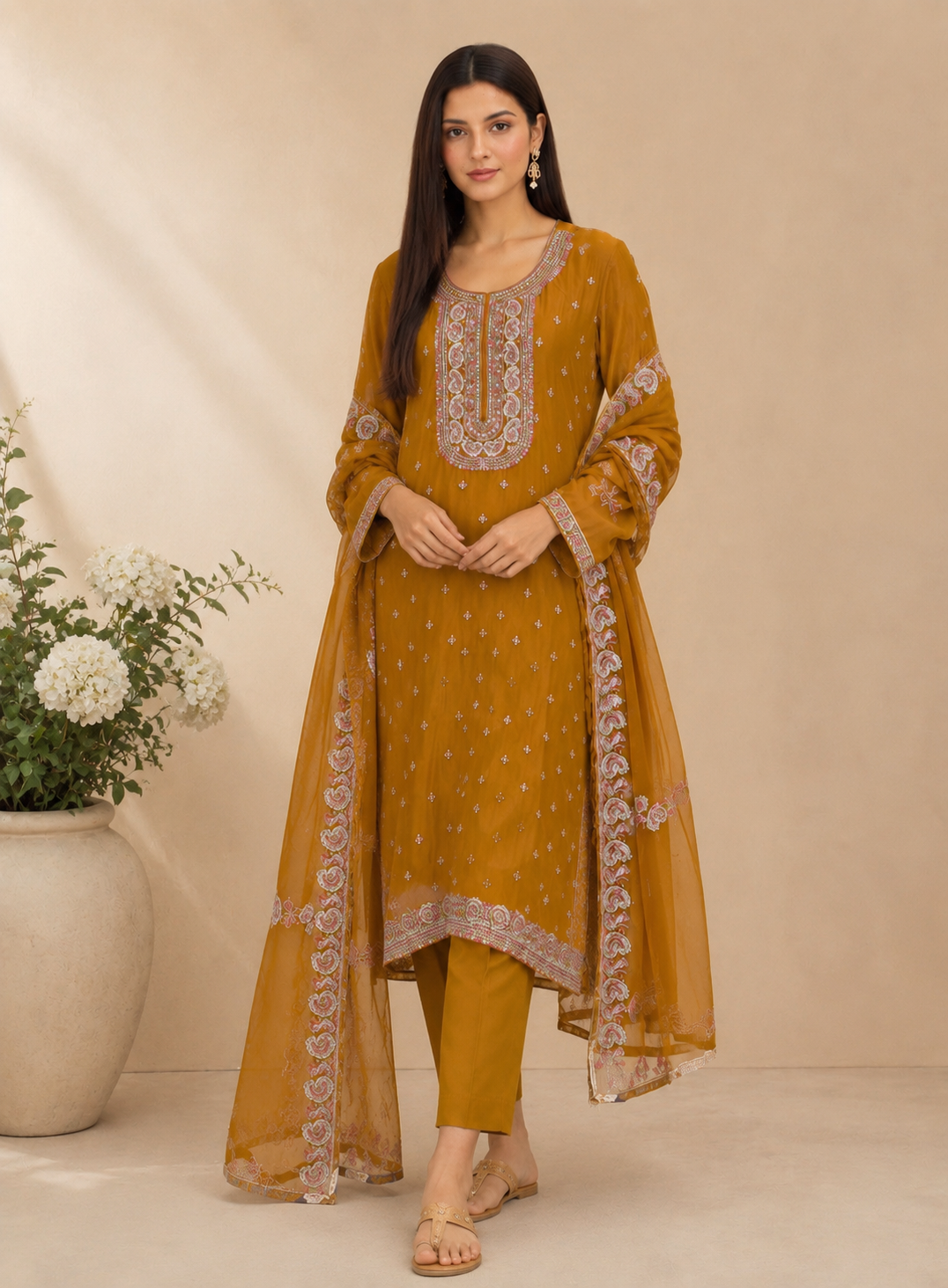 Elegant Chinnon Suit with Embroidered Neck & Daman