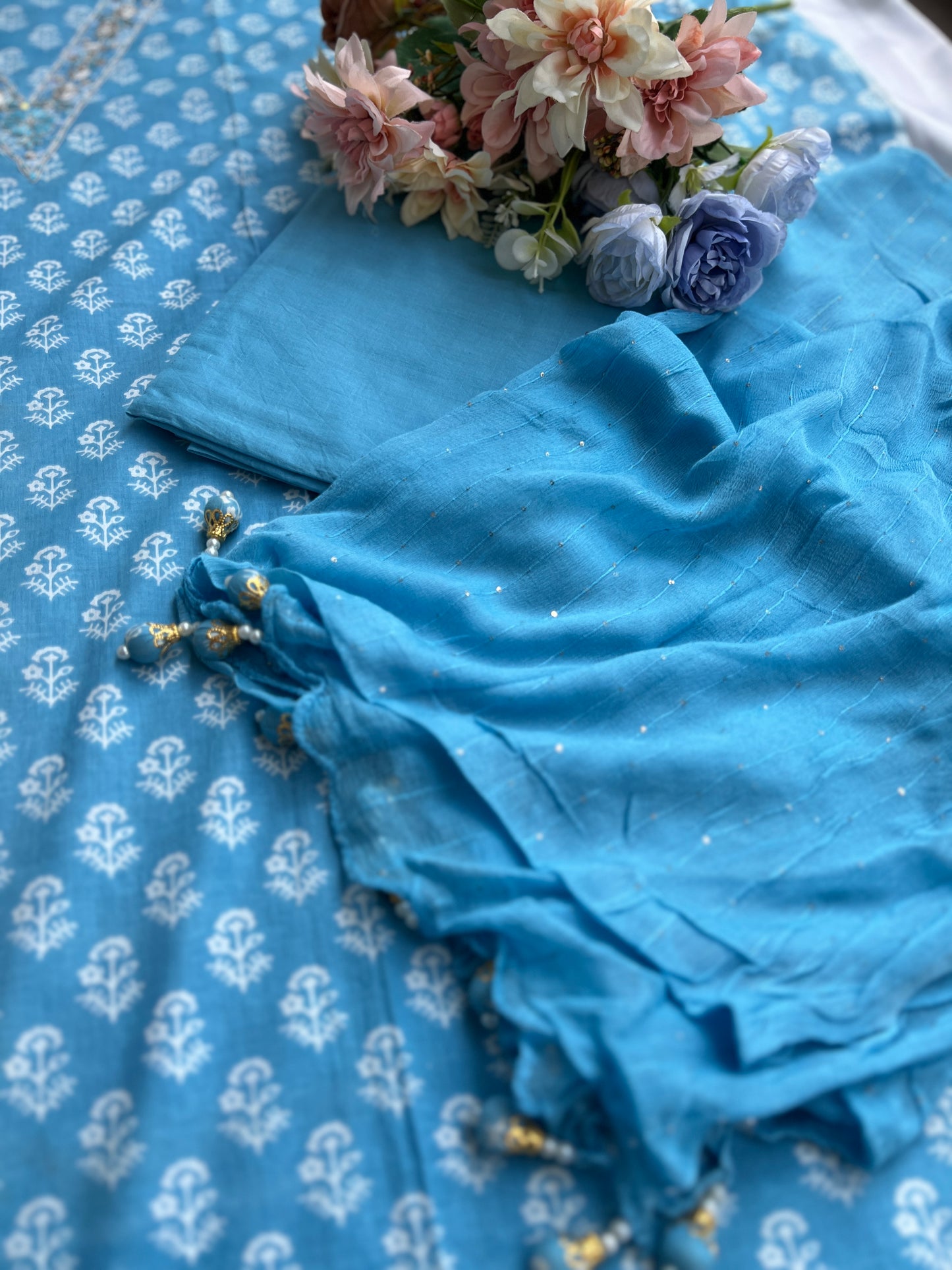 Sky Blue Cotton Suit with Delicate Hand Embroidery & Tassel Dupatta