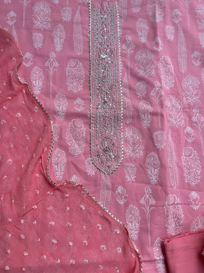 Soft Blush Pink Cotton Suit with Elegant Handwork