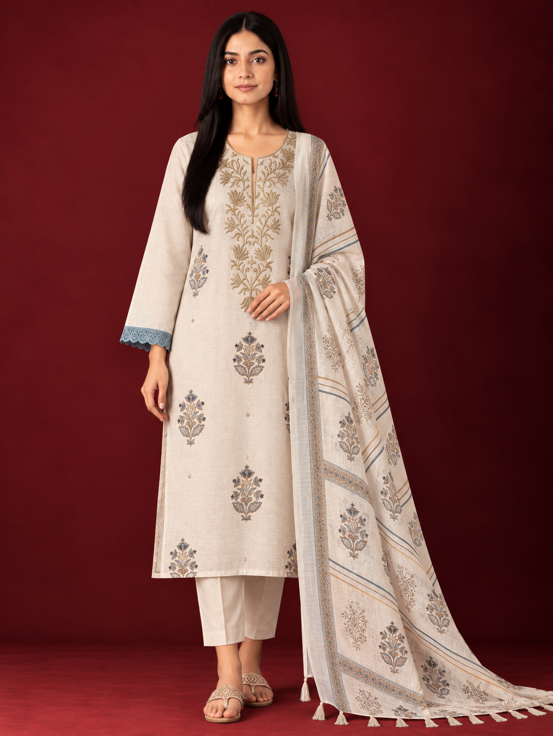 PITTA EMBROIDERED HAND-BLOCK LINEN SUIT SET